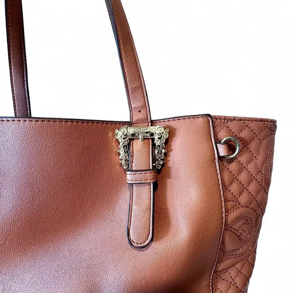 Vintage Betsey Johnson Cognac Leather Embroidered Quilted Structured Tote Bag
